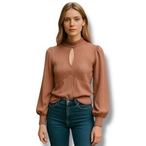 Inspired Hearts Women's M Pink Ribbed Tie-Back Long Sleeve Blouse